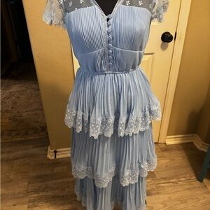 Self-Portrait Light Blue Tiered Midi Dress
